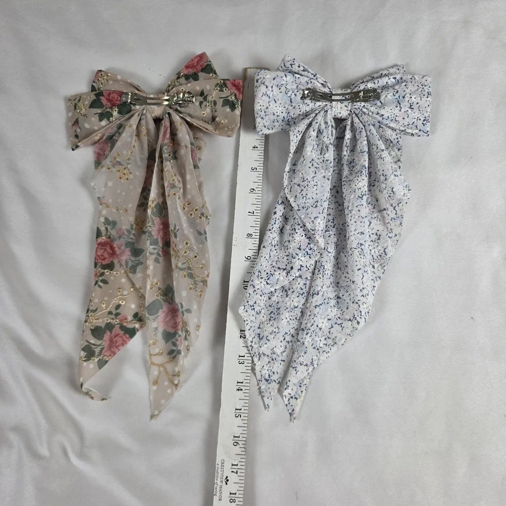 2 Vtg Floral Scarf Fabric Hair Bow Clip Tan Pink & White Blue Pastels